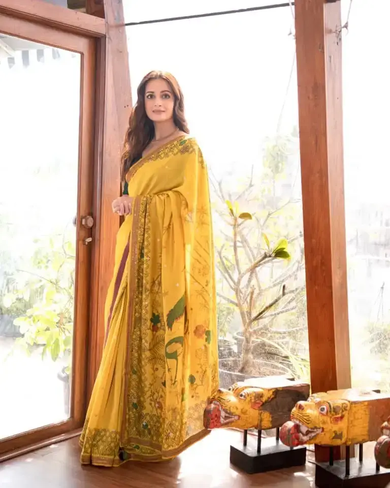 Indian Actress Dia Mirza Images In Traditional Yellow Color Saree